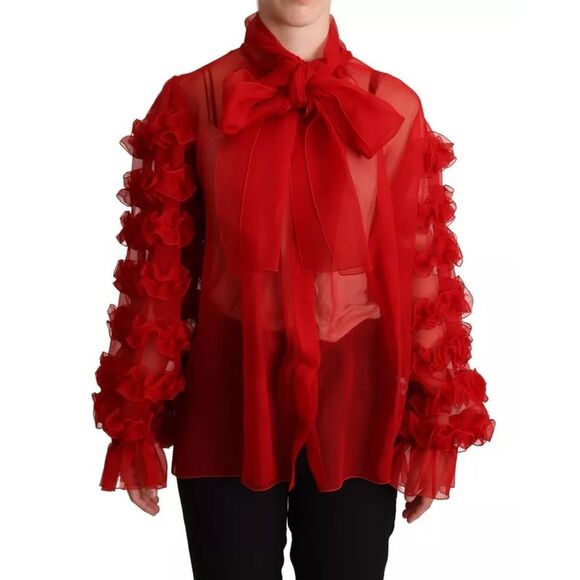 Dolce & Gabbana Red Silk Ascot Collar Ruffles Blouse Women's Top (Pre-Owned)